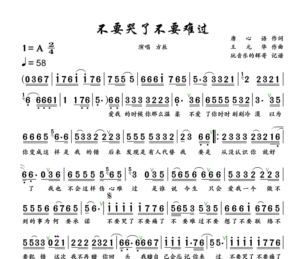 不要哭了不要难过简谱 方辰《不要哭了不要难过》简谱+动态视频A调