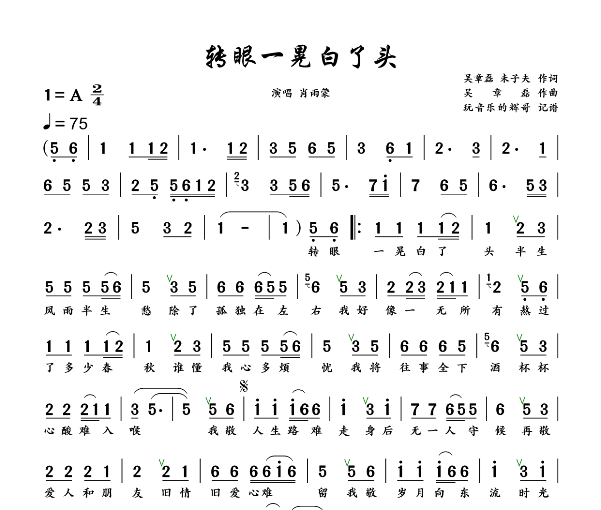 转眼一晃白了头简谱 肖雨蒙《转眼一晃白了头》简谱+动态视频A调