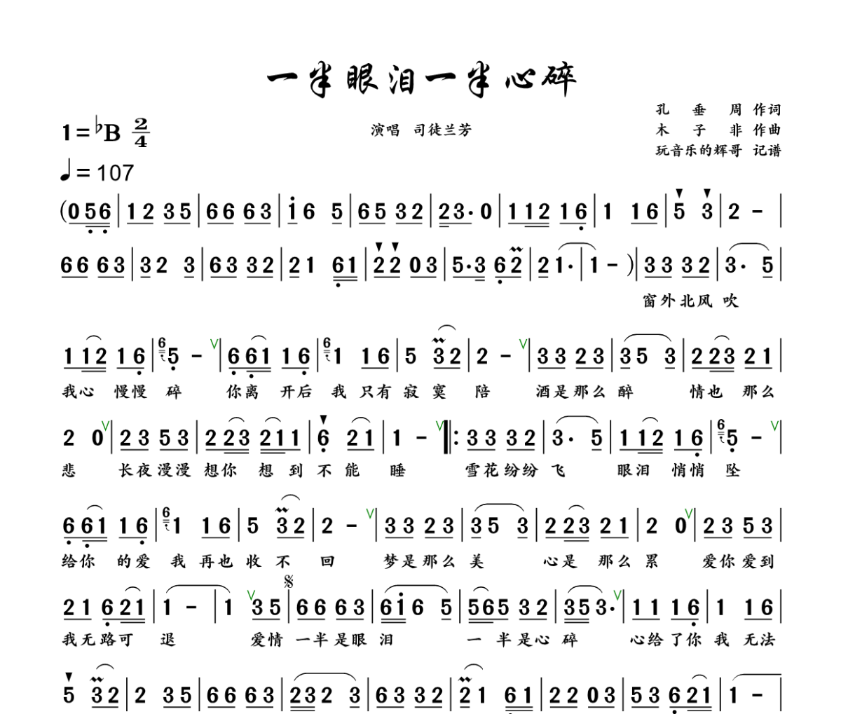 一半眼泪一半心碎简谱 司徒兰芳《一半眼泪一半心碎》简谱+动态视频降B调