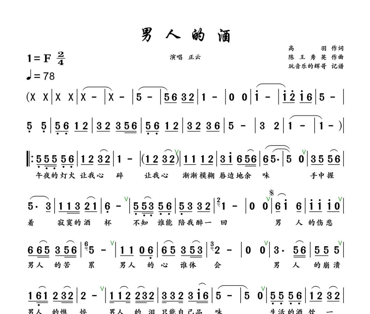 男人的酒简谱 正云《男人的酒》简谱+动态视频F调