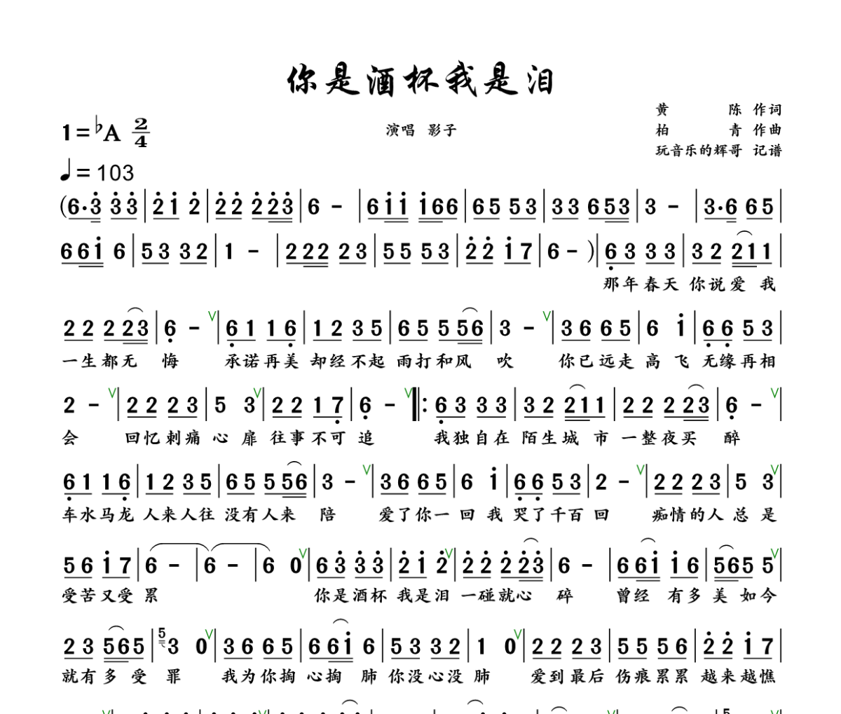 你是酒杯我是泪简谱 影子《你是酒杯我是泪》简谱+动态视频降A调