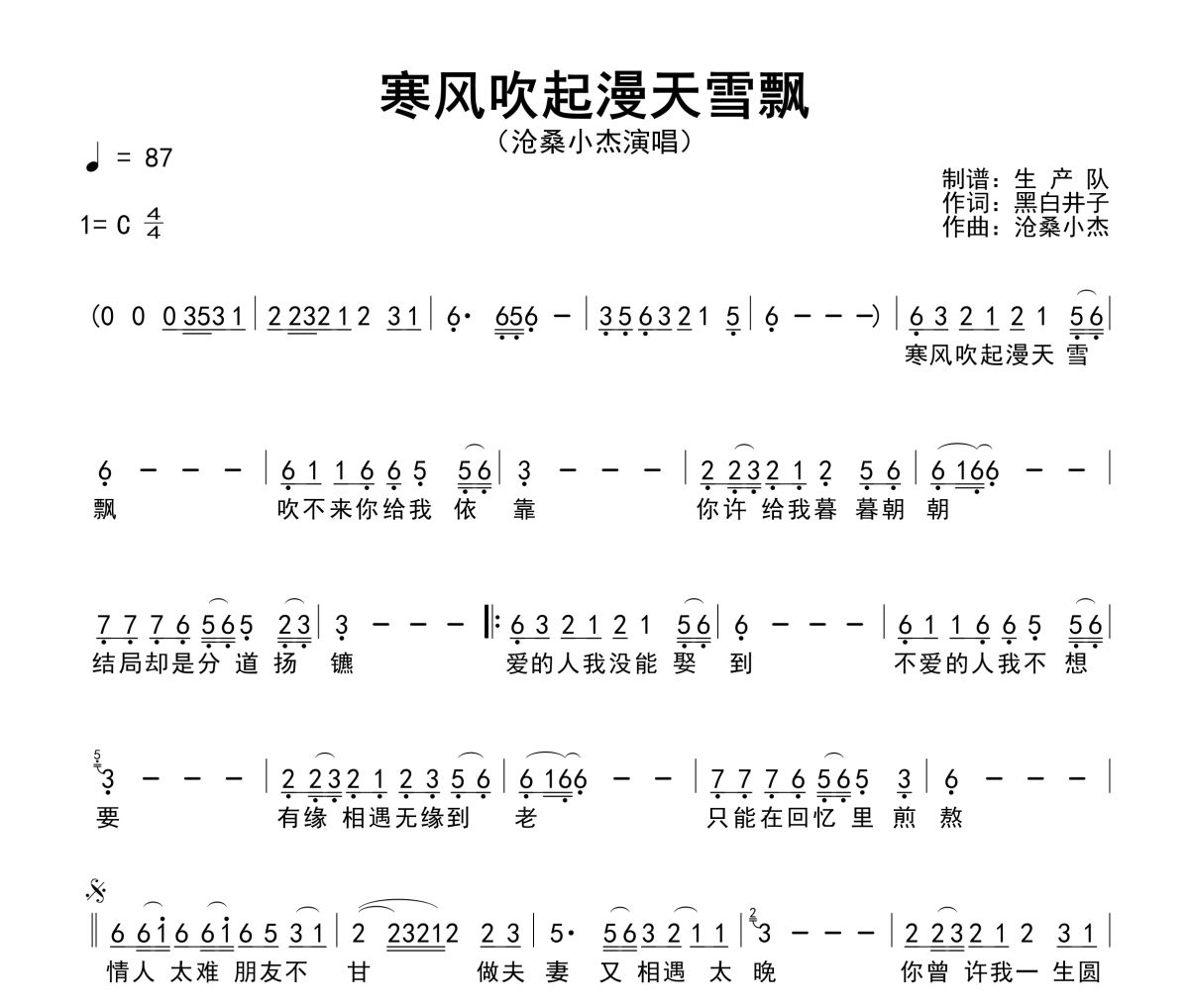 寒风吹起漫天雪飘简谱 沧桑小杰《寒风吹起漫天雪飘》简谱C调