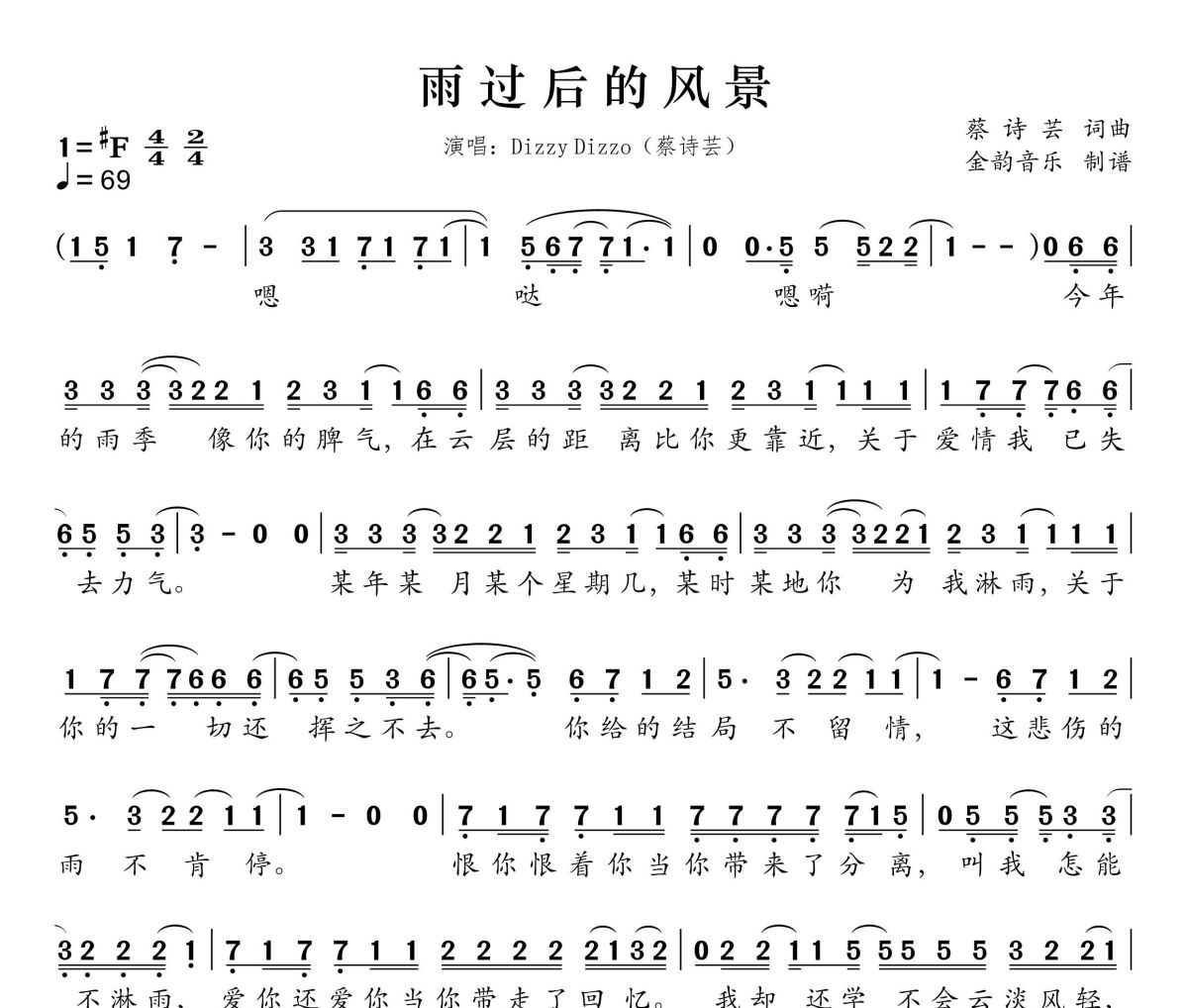 雨过后的风景简谱 蔡诗芸-雨过后的风景升F调简谱