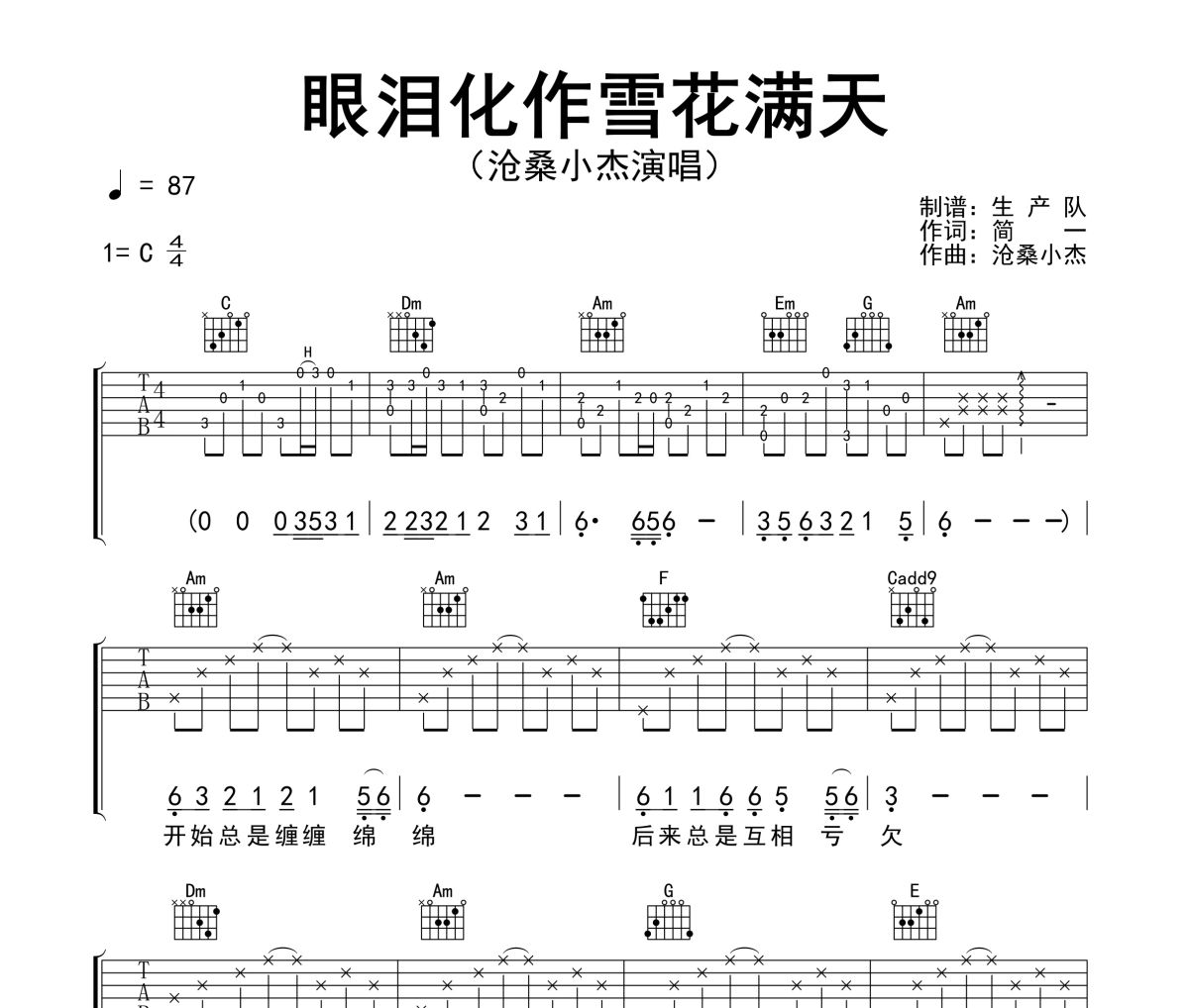 眼泪化作雪花漫天吉他谱 沧桑小杰《眼泪化作雪花漫天》六线谱C调吉他谱
