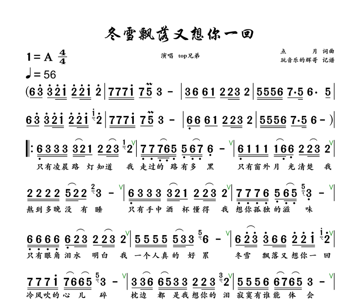 冬雪飘落又想你一回简谱 Top兄弟《冬雪飘落又想你一回》简谱+动态视频