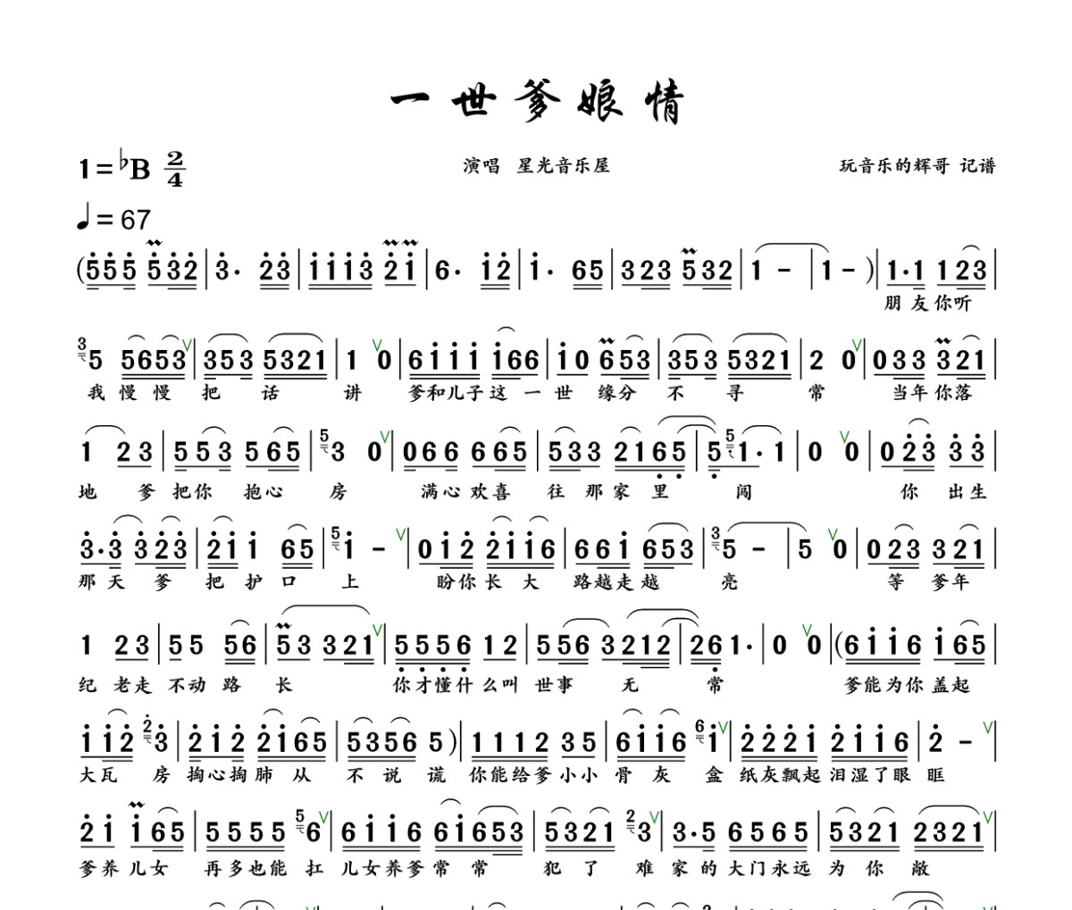 一世爹娘情简谱 星光音乐屋《一世爹娘情》简谱+动态视频降B调