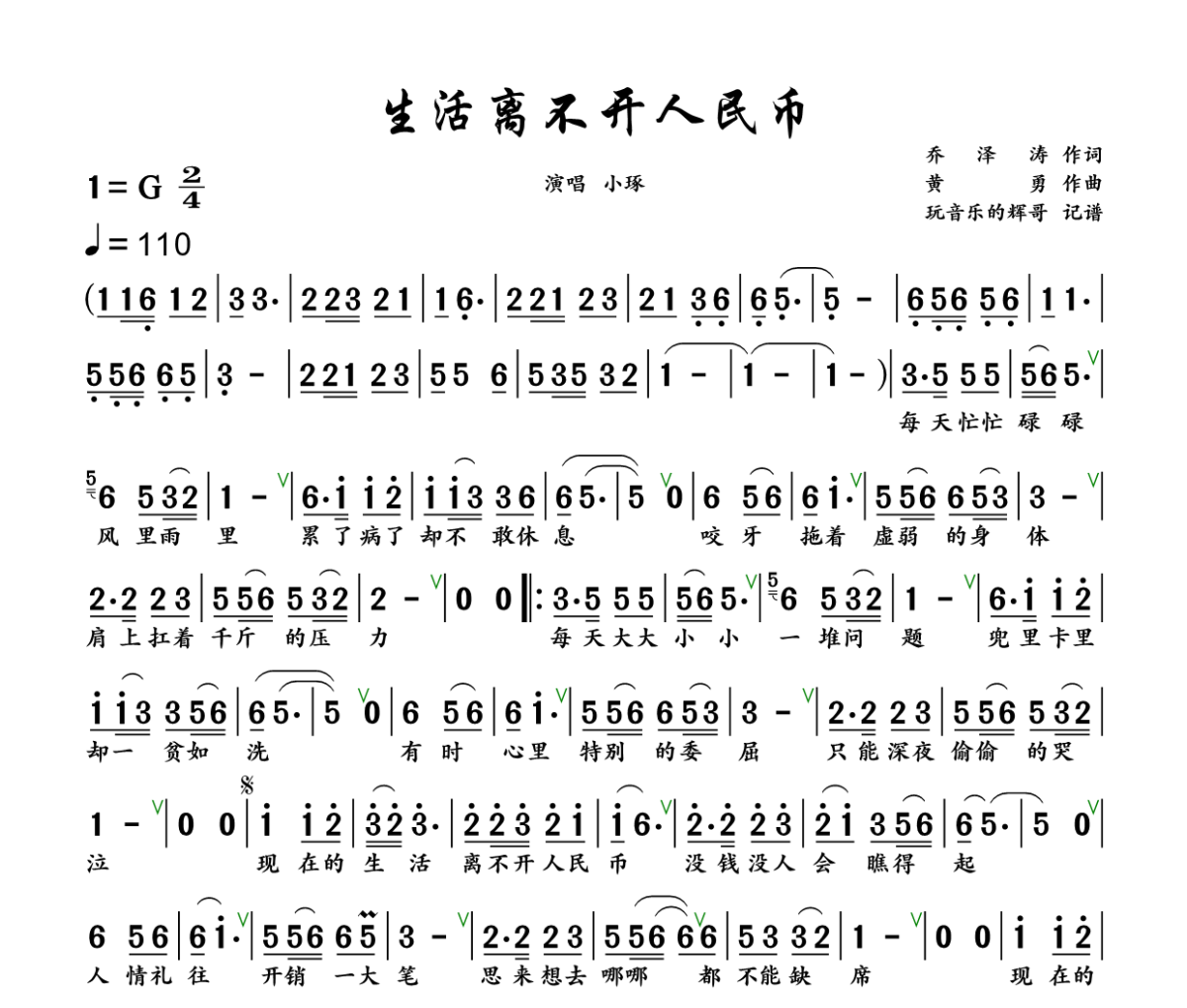 生活离不开人民币简谱 小琢《生活离不开人民币》简谱+动态视频G调