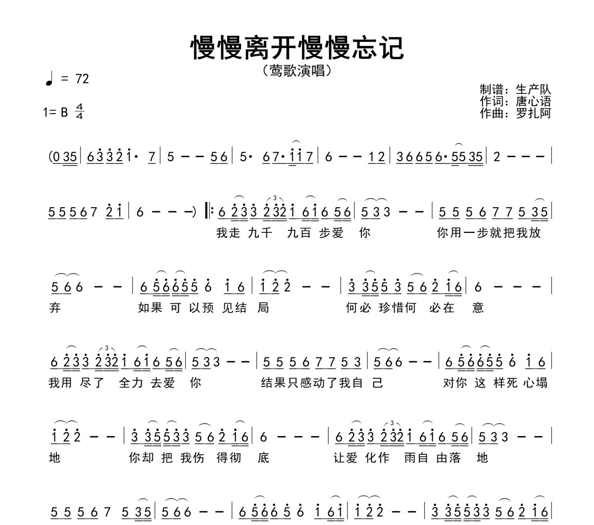 慢慢离开慢慢忘记简谱 莺歌《慢慢离开慢慢忘记》简谱B调