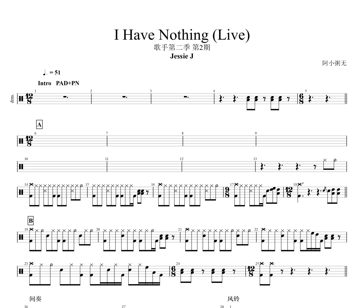 I Have Nothing 鼓谱 Jessie J-I Have Nothing(Live)架子鼓|爵士鼓|鼓谱