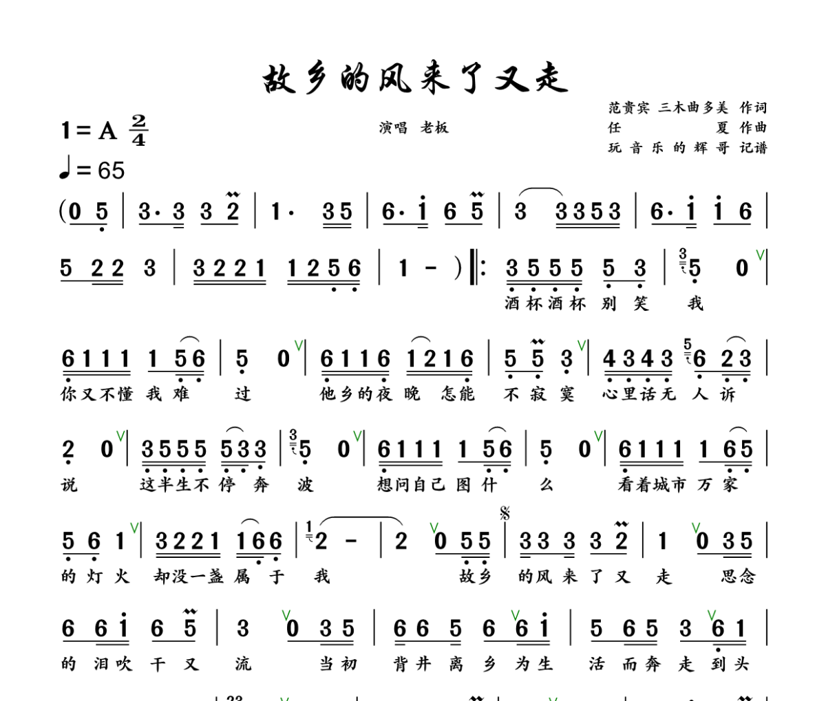 故乡的风来了又走简谱 老板《故乡的风来了又走》简谱+动态视频A调