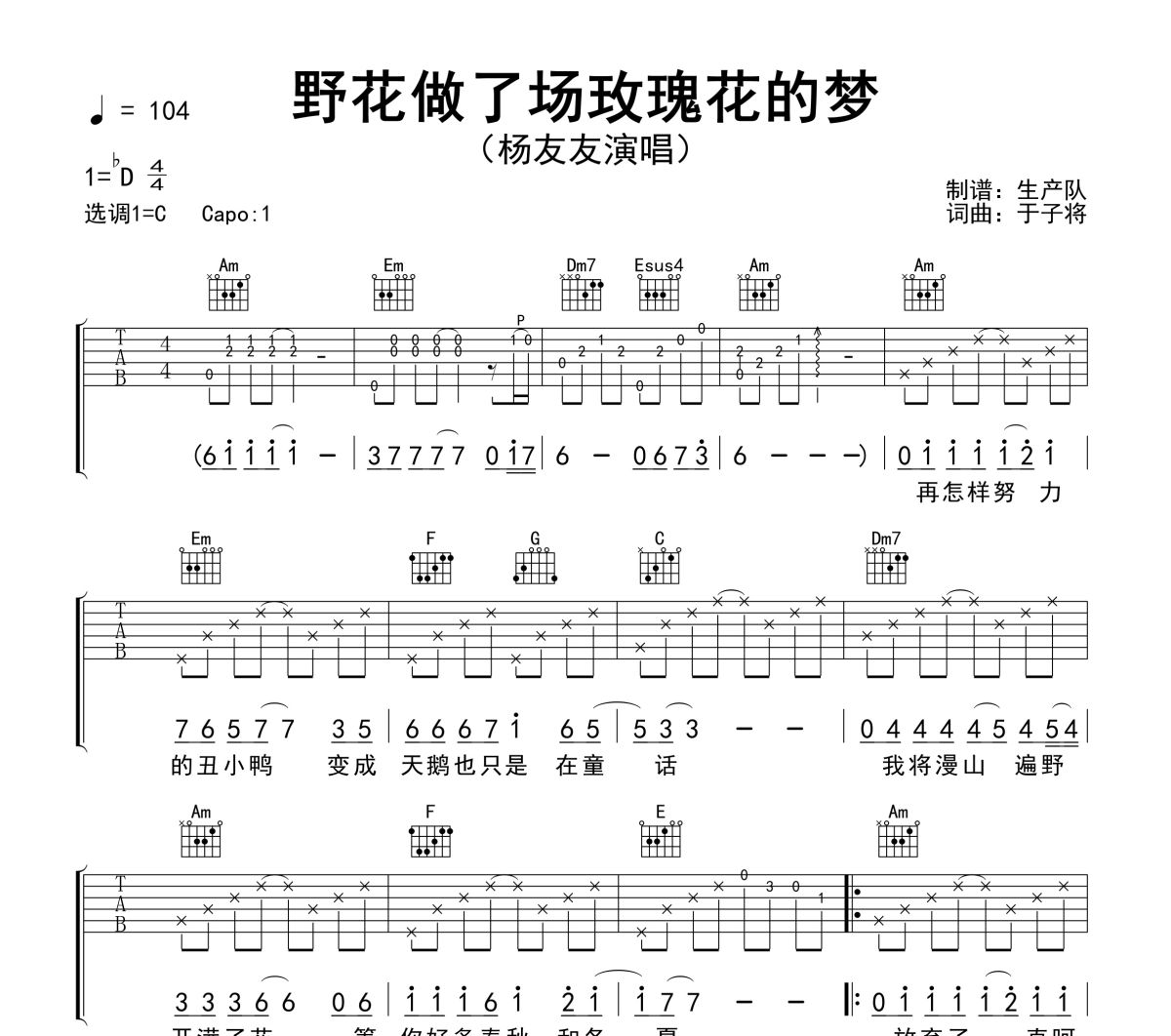 野花做了场玫瑰花的梦吉他谱 杨友友-野花做了场玫瑰花的梦六线谱C调吉他谱