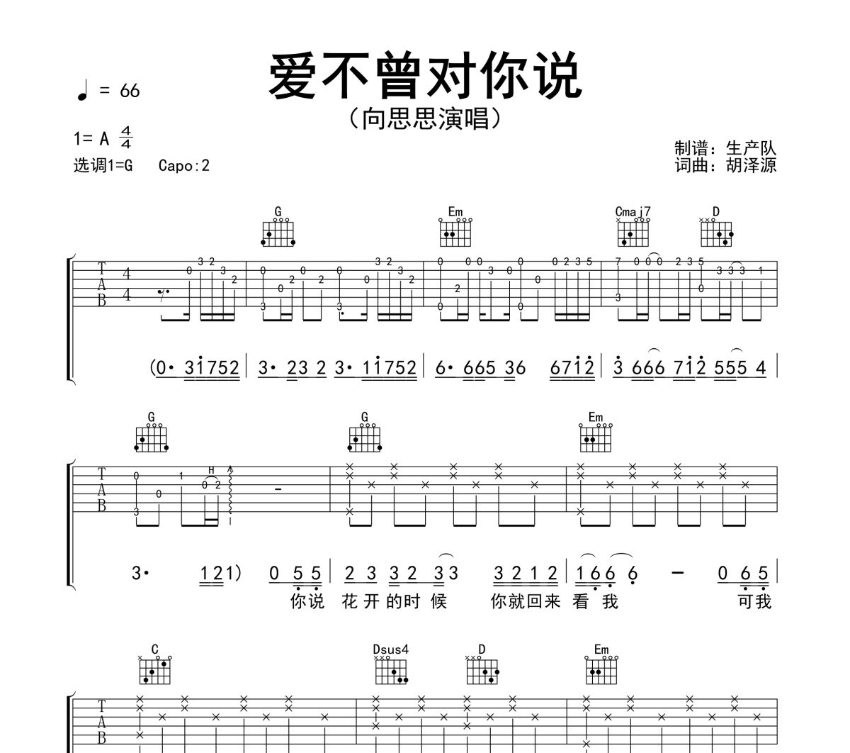 爱不曾对你说吉他谱 向思思《爱不曾对你说》六线谱G调吉他谱