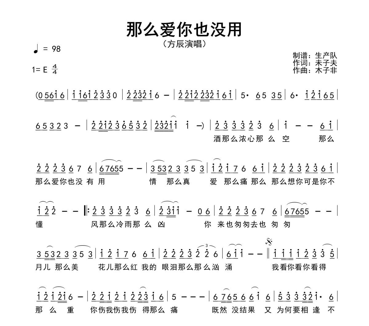 那么爱你也没用简谱 方辰《那么爱你也没用》简谱E调