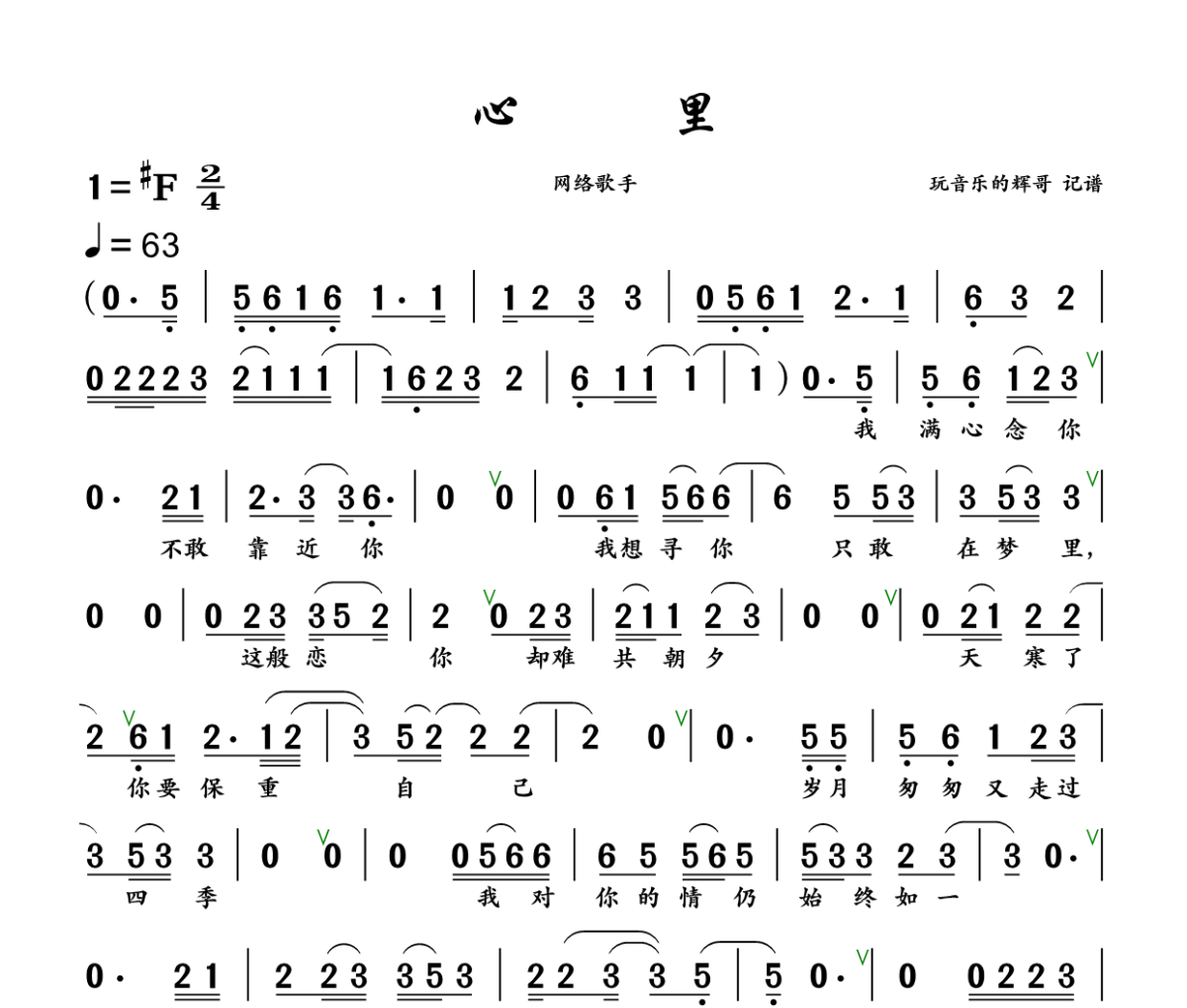 心里简谱 网络歌手《心里》简谱+动态视频#F调