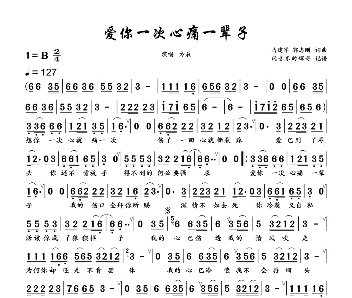 爱你一次心痛一辈子简谱 方辰《爱你一次心痛一辈子》简谱+动态视频B调