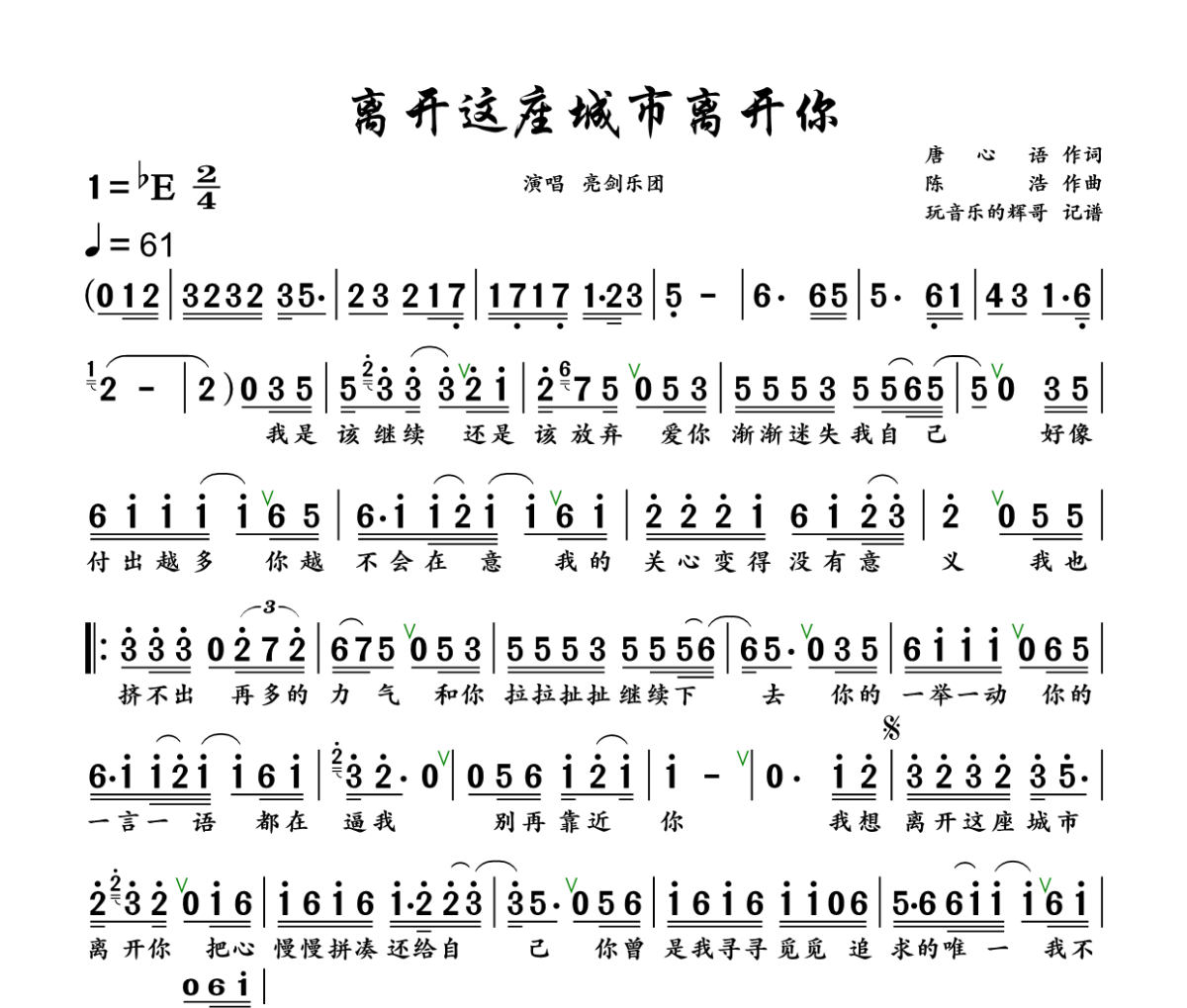 离开这座城市离开你简谱 亮剑乐团《离开这座城市离开你》简谱+动态视频降E调