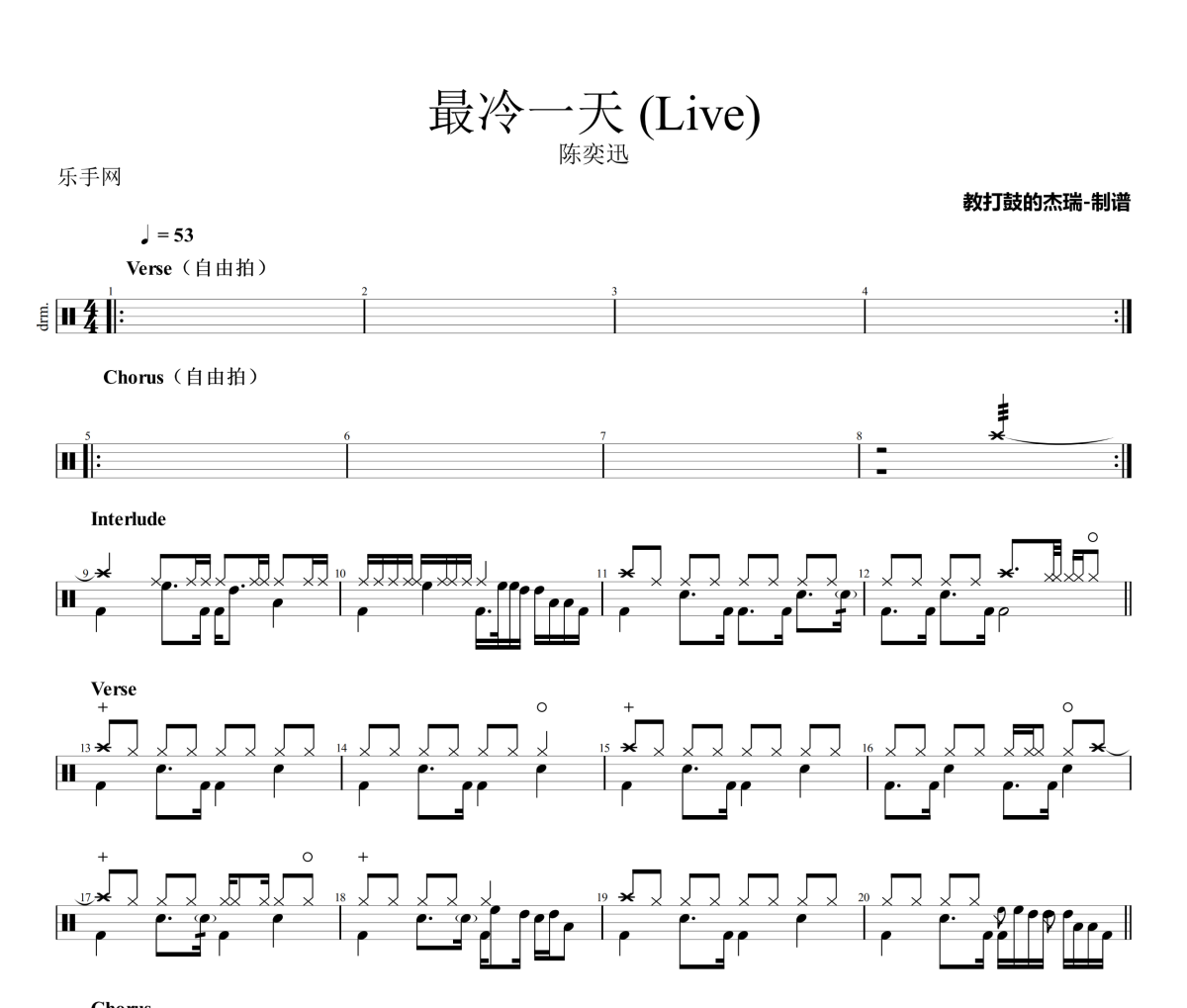 最冷一天 鼓谱 陈奕迅-最冷一天(Live)架子鼓|爵士鼓|鼓谱