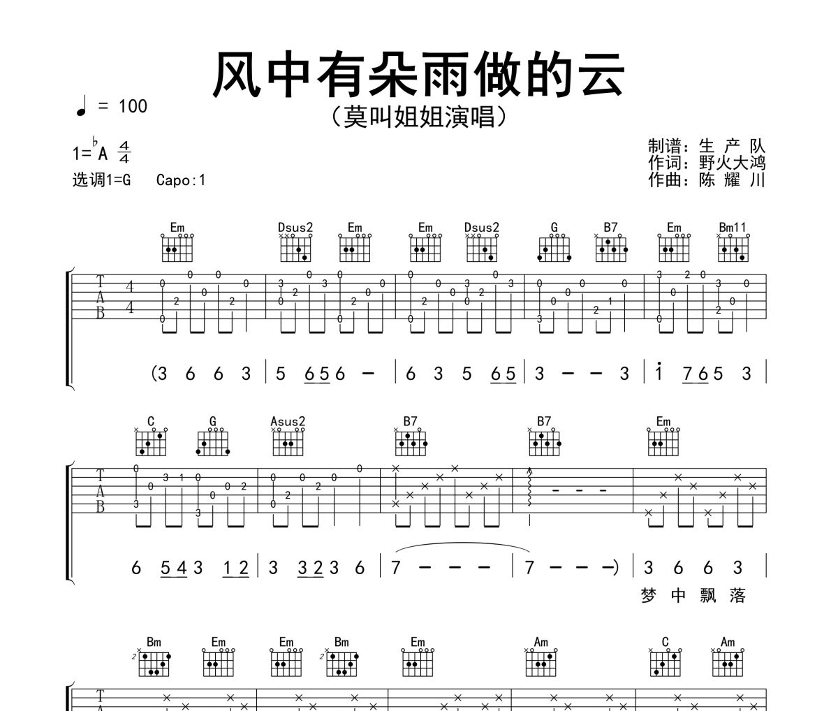 风中有朵雨做的云吉他谱 莫叫姐姐《风中有朵雨做的云》(粤语版)六线谱G调吉他谱