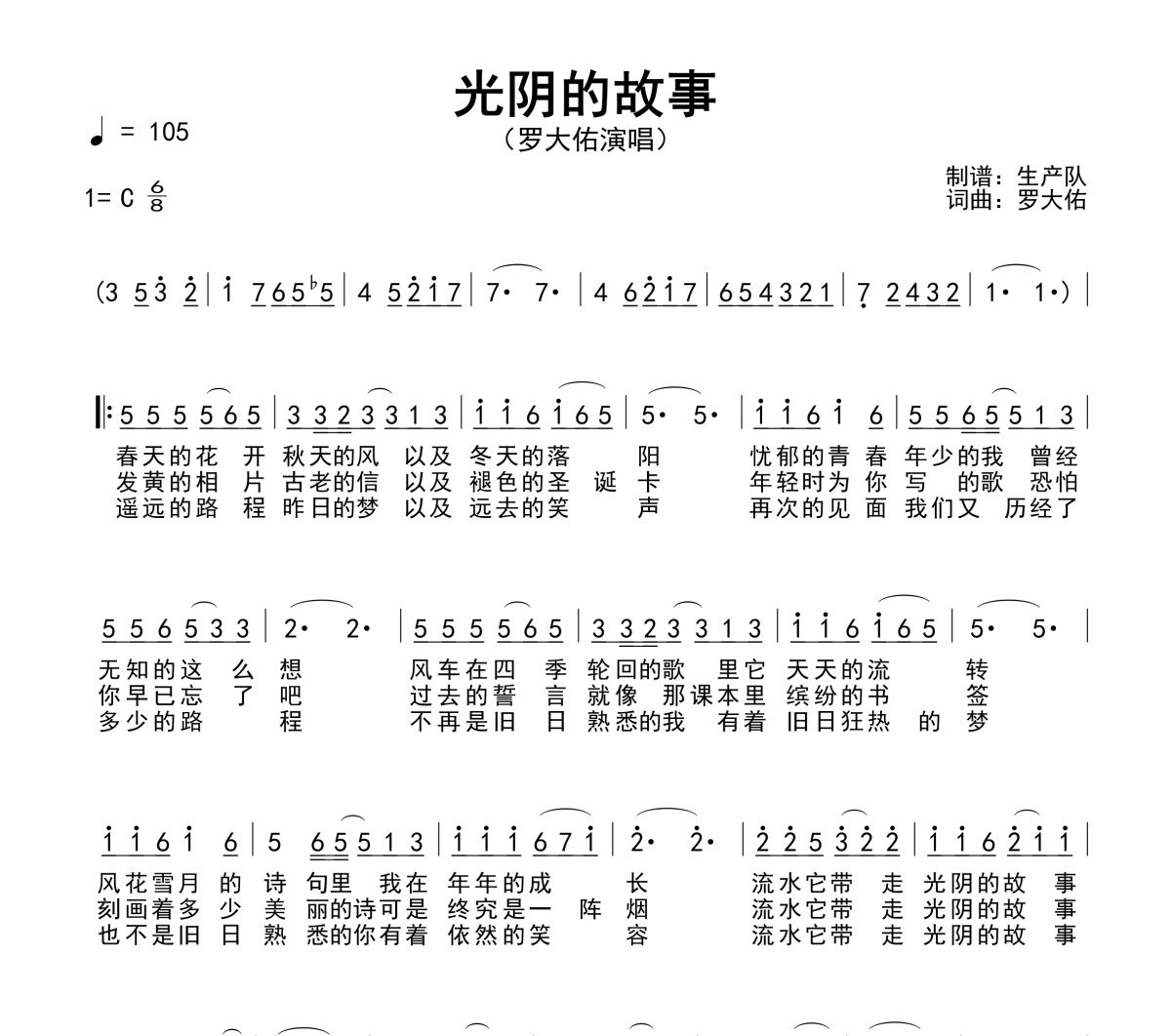 光阴的故事简谱 罗大佑-光阴的故事C调简谱