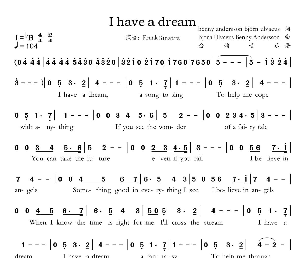 I have a dream简谱 Frank Sinatra《I have a dream》简谱降B调