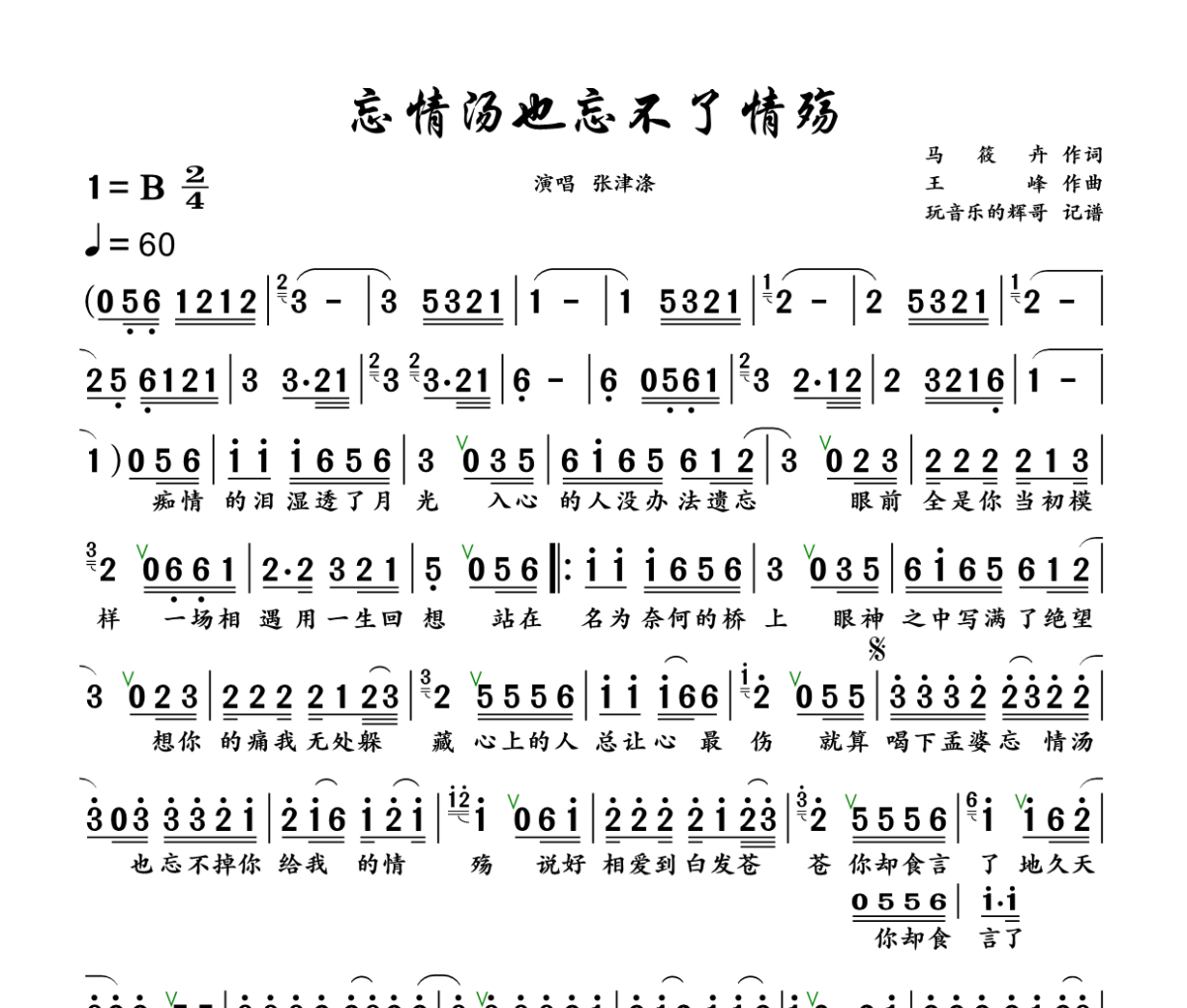 忘情汤也忘不了情殇简谱 张津涤《忘情汤也忘不了情殇》简谱+动态视频B调