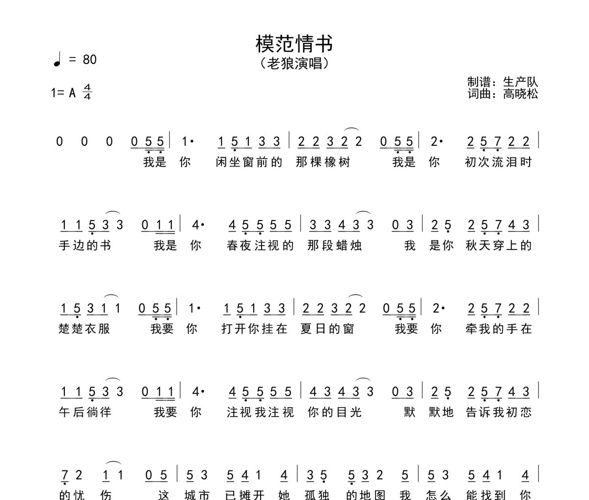 模范情书简谱 老狼《模范情书》简谱A调
