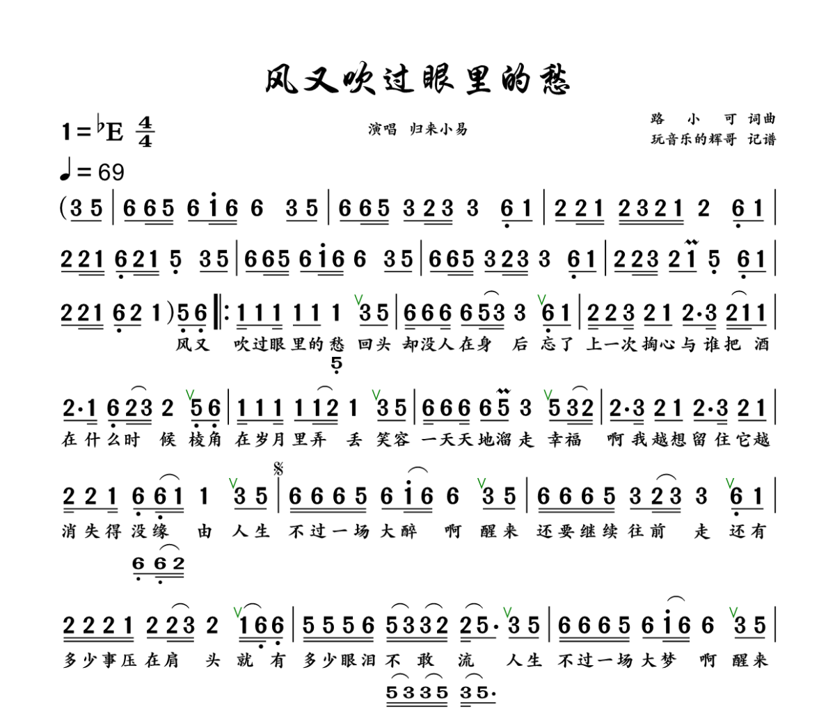 风又吹过眼里的愁简谱 归来小易《风又吹过眼里的愁》简谱+动态视频降E调