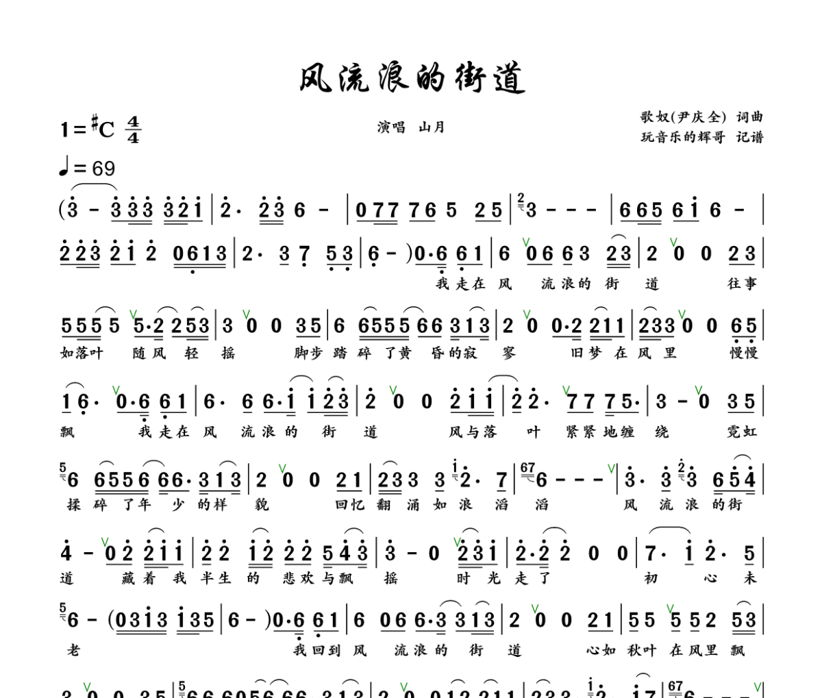 风流浪的街道简谱 山月《风流浪的街道》简谱+动态视频升C调