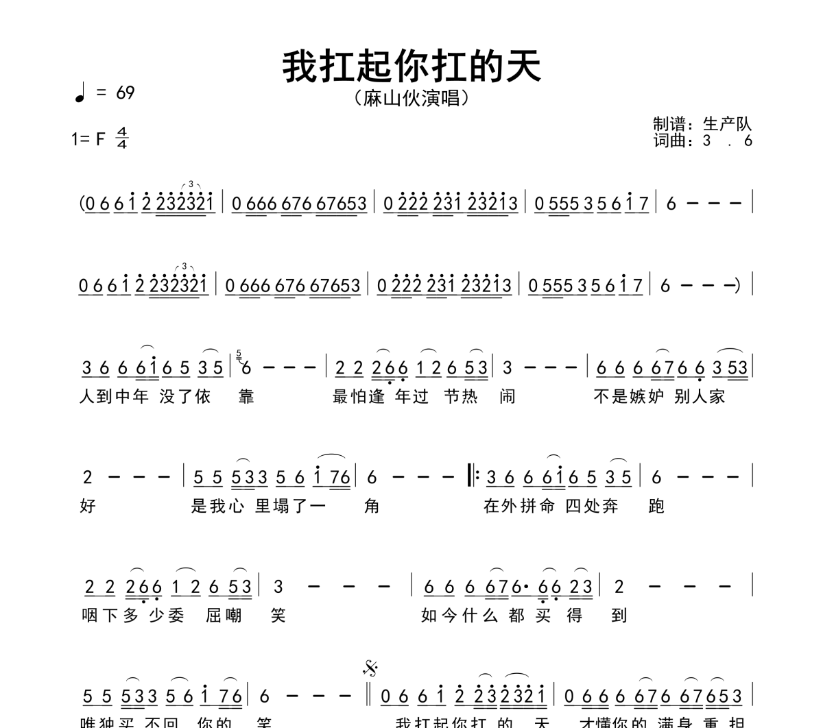 我扛起你扛的天简谱 麻山伙《我扛起你扛的天》简谱F调
