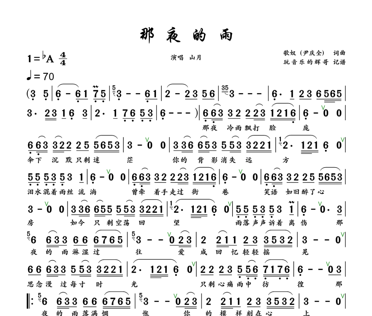 那夜的雨简谱 山月《那夜的雨》简谱+动态视频降A调