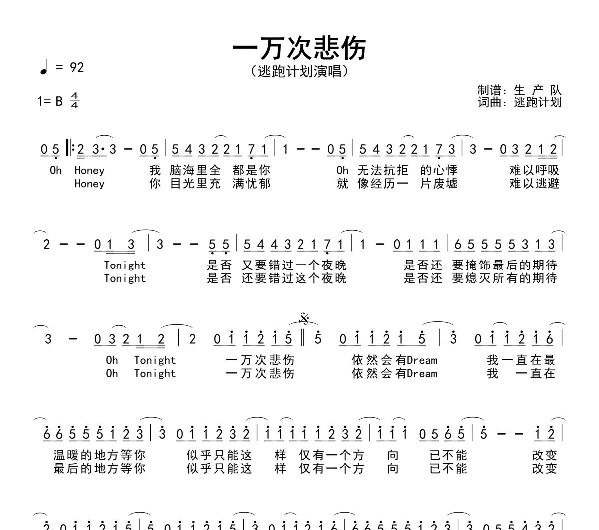 一万次悲伤简谱 逃跑计划《一万次悲伤》简谱B调
