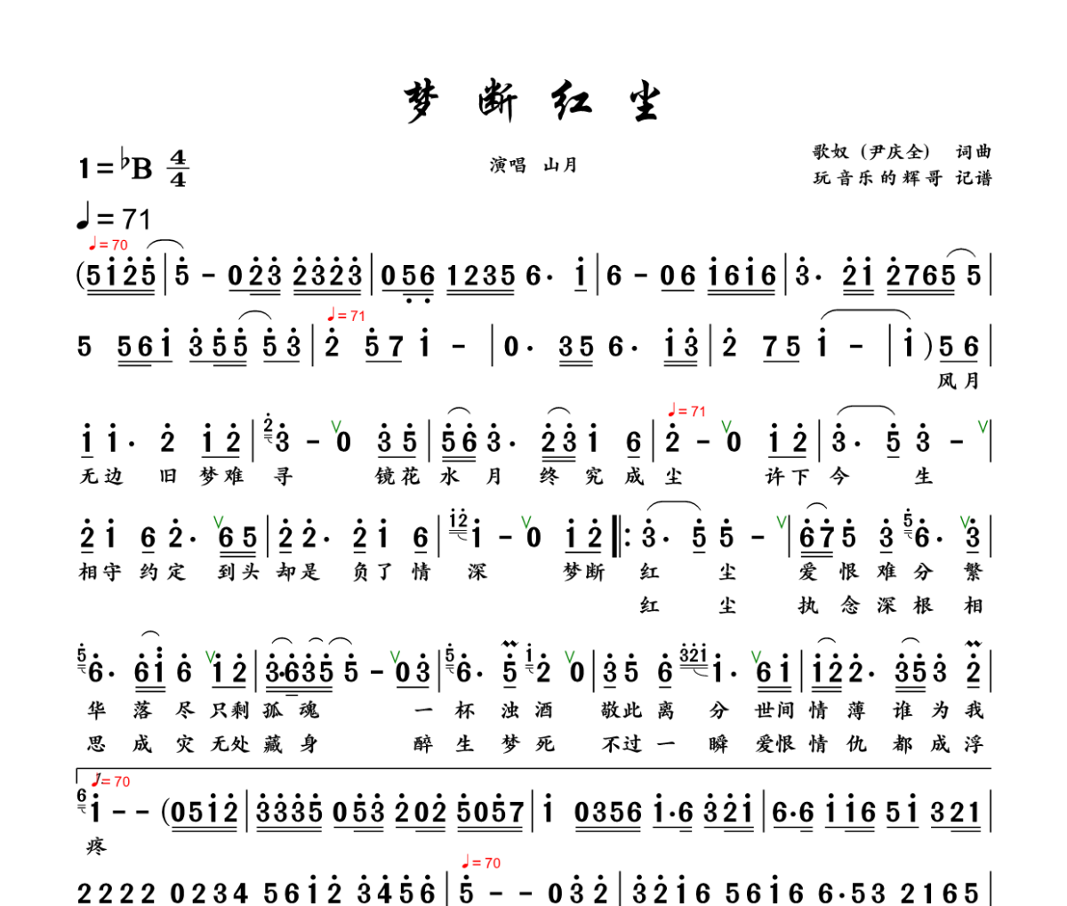 梦断红尘简谱 山月《梦断红尘》简谱+动态视频降B调