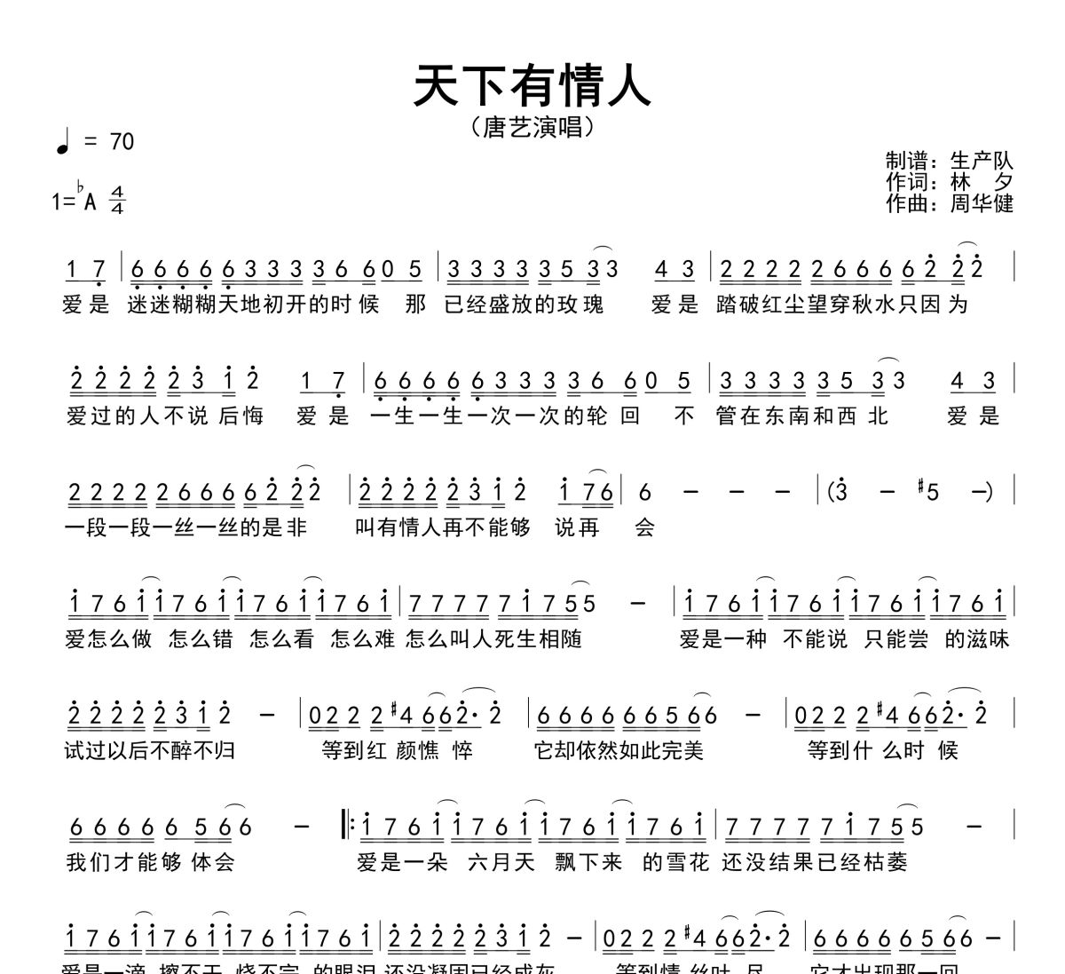 天下有情人简谱 唐艺《天下有情人》简谱降A调