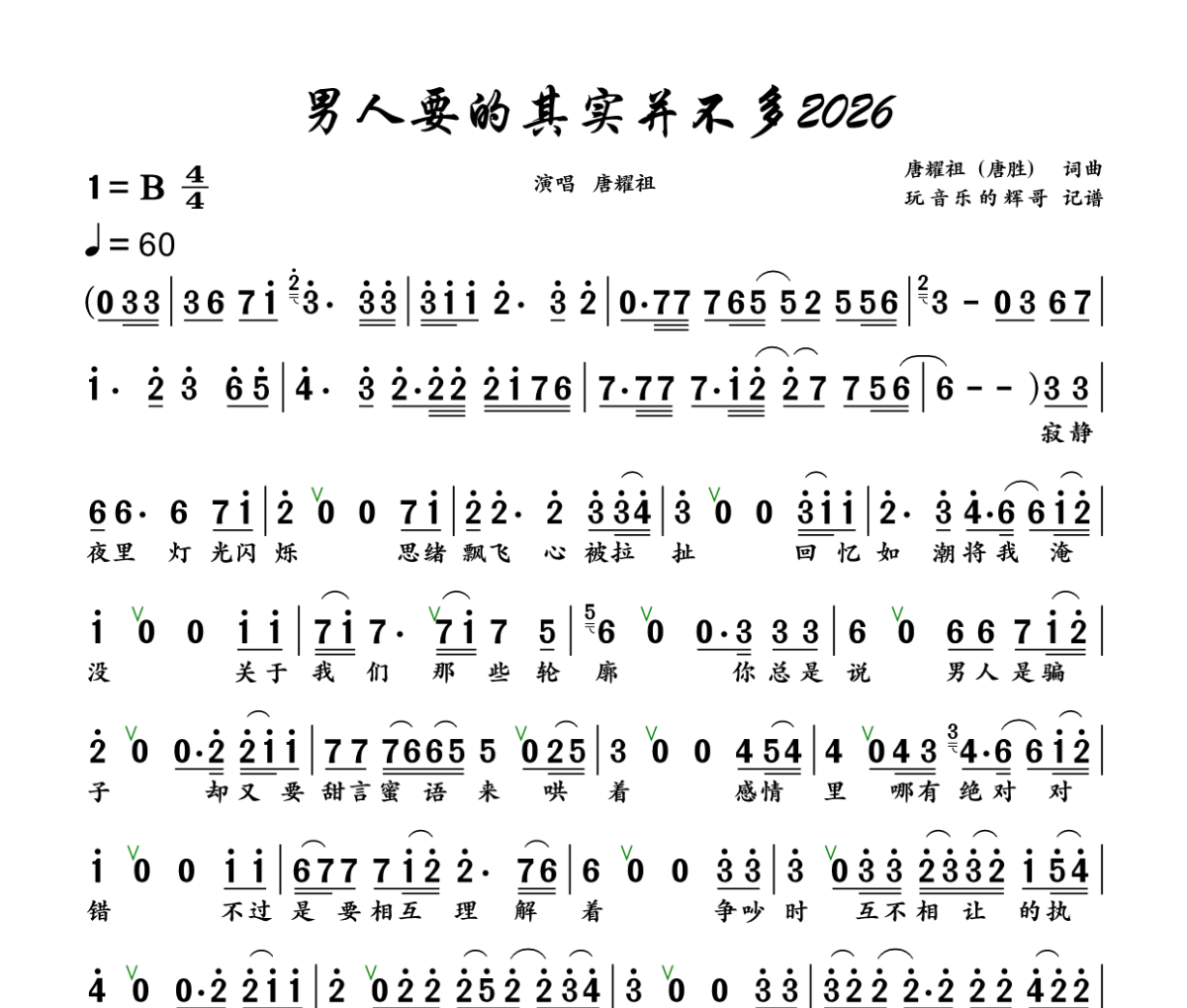男人要的其实并不多2026简谱 唐耀祖《男人要的其实并不多2026》简谱+动态视频B调