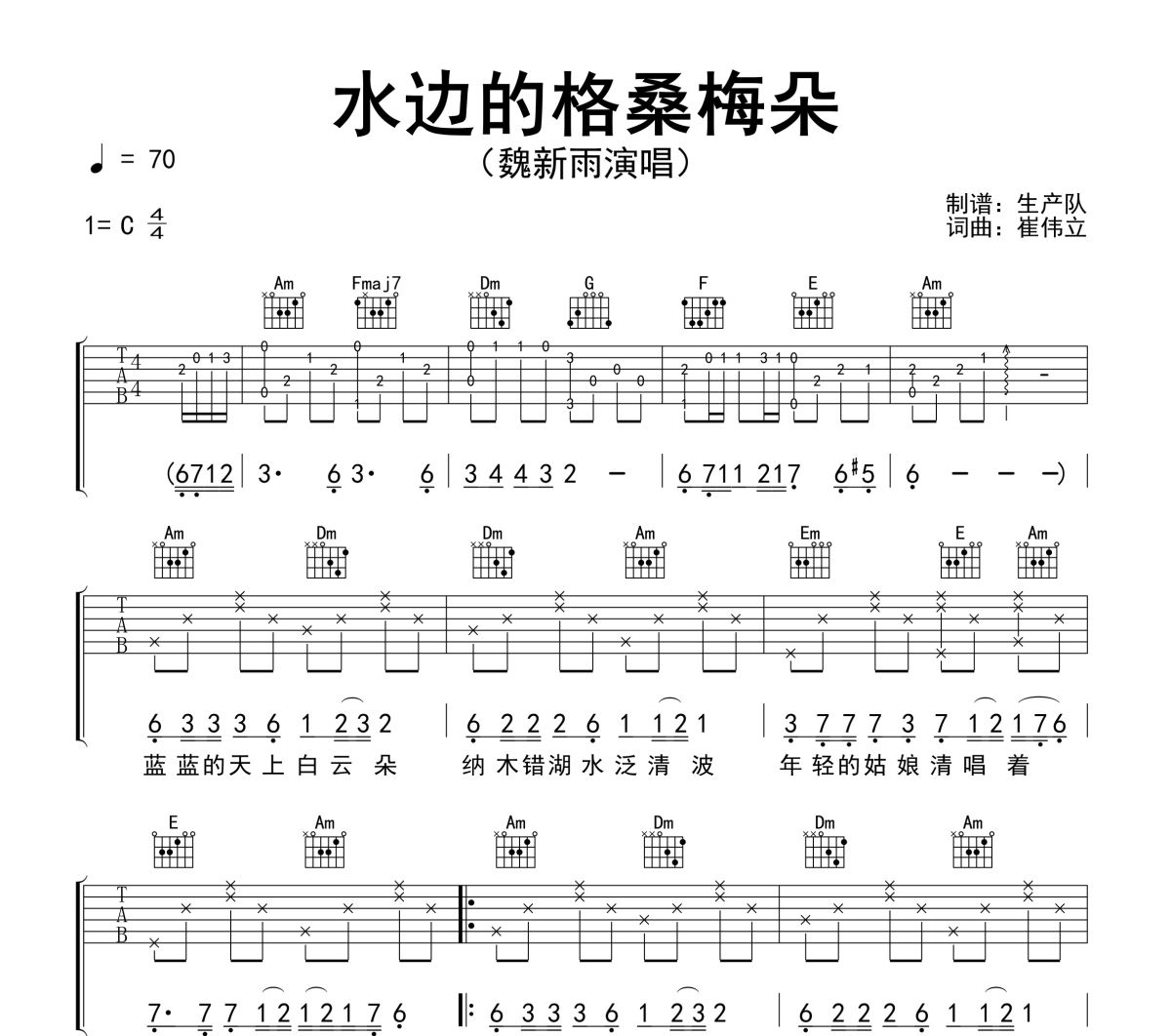 水边的格桑梅朵吉他谱 魏新雨《水边的格桑梅朵》六线谱C调吉他谱