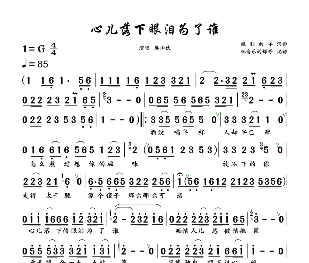 心儿落下眼泪为了谁简谱 麻山伙《心儿落下眼泪为了谁》简谱+动态视频G调