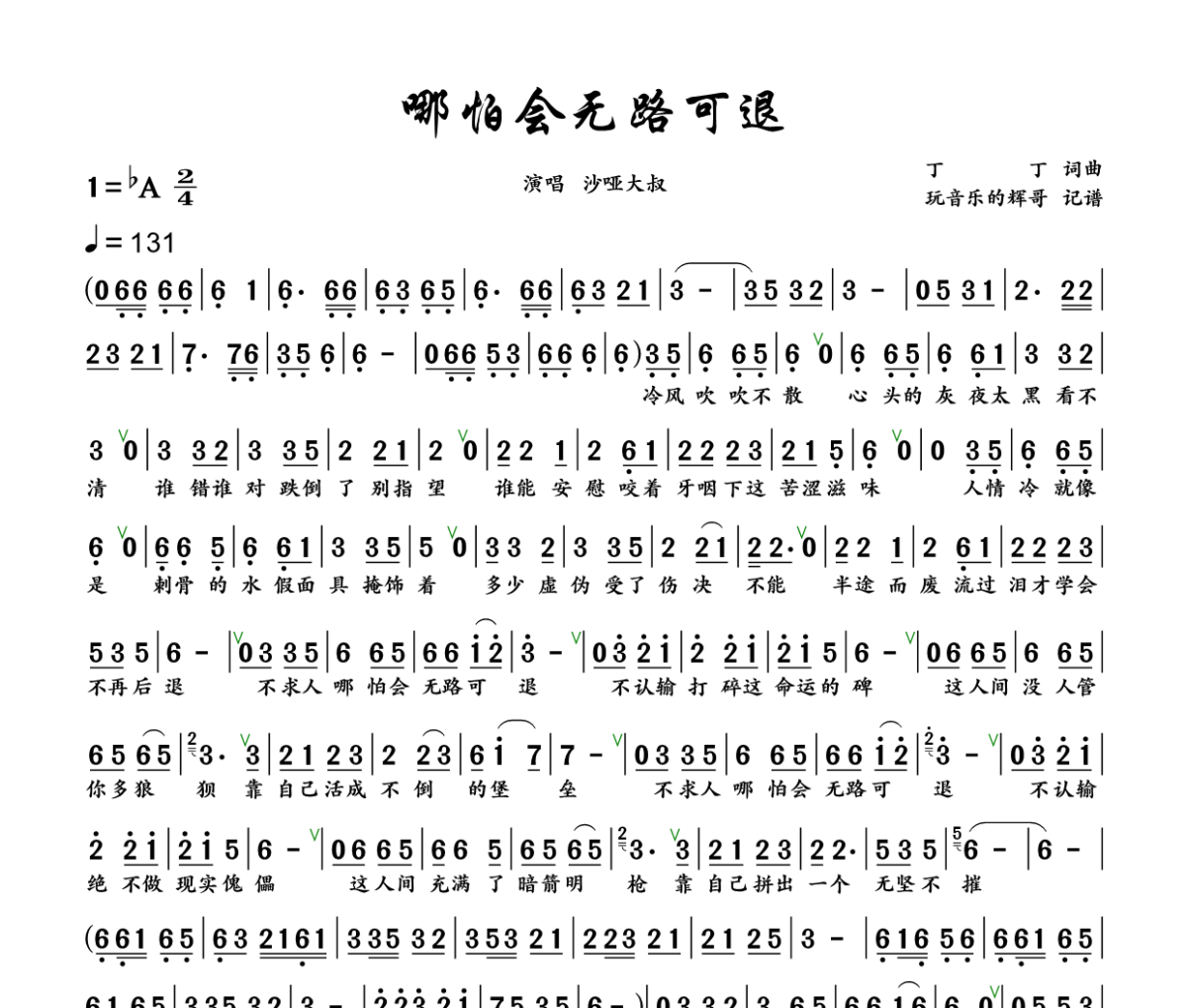 哪怕会无路可退简谱 沙哑大叔《哪怕会无路可退》简谱+动态视频降A调