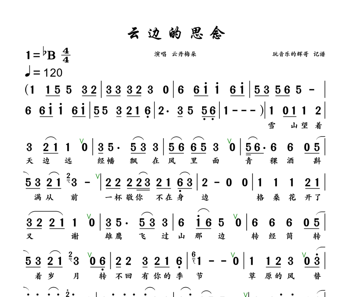 云边的思念简谱 云丹梅朵《云边的思念》简谱+动态视频降B调