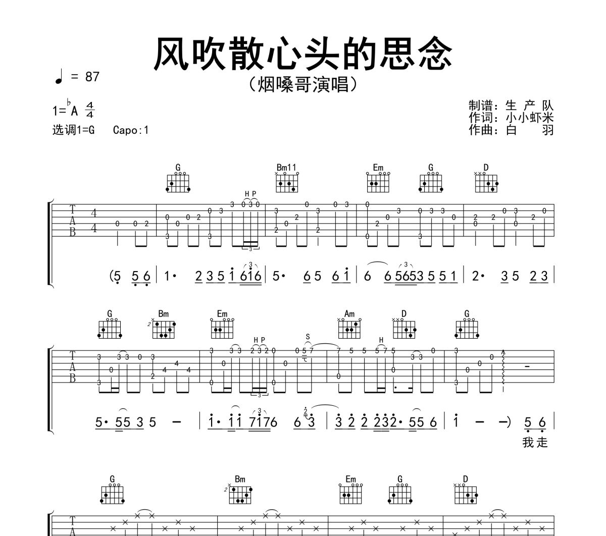 风吹散心头的思念吉他谱 烟嗓哥《风吹散心头的思念》六线谱G调吉他谱