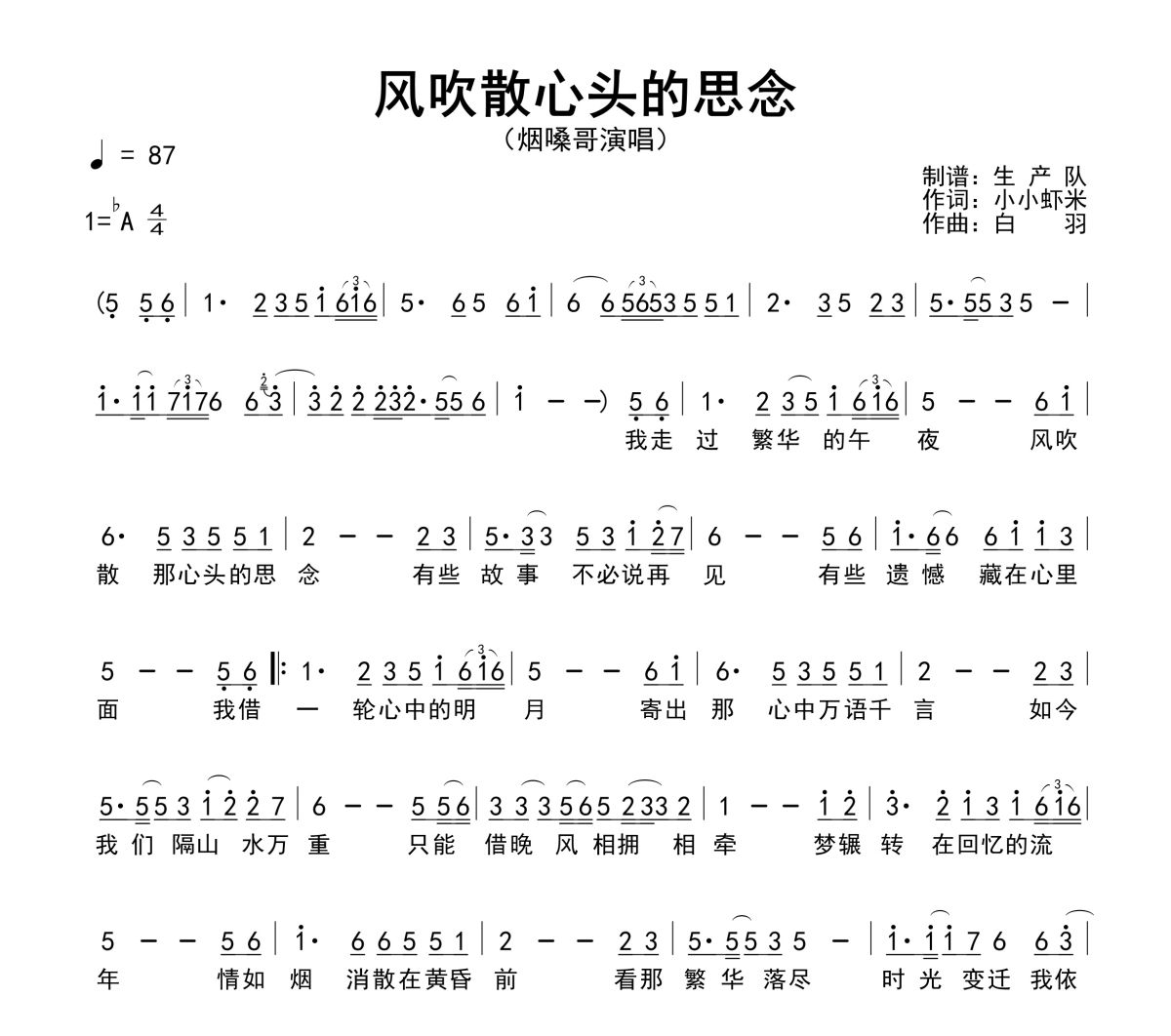 风吹散心头的思念简谱 烟嗓哥-风吹散心头的思念简谱降A调