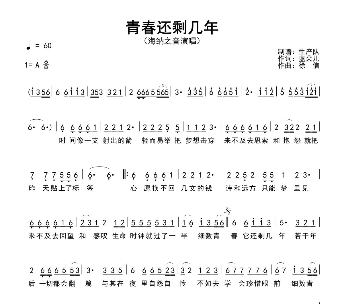青春还剩几年简谱 海纳之音《青春还剩几年》简谱A调