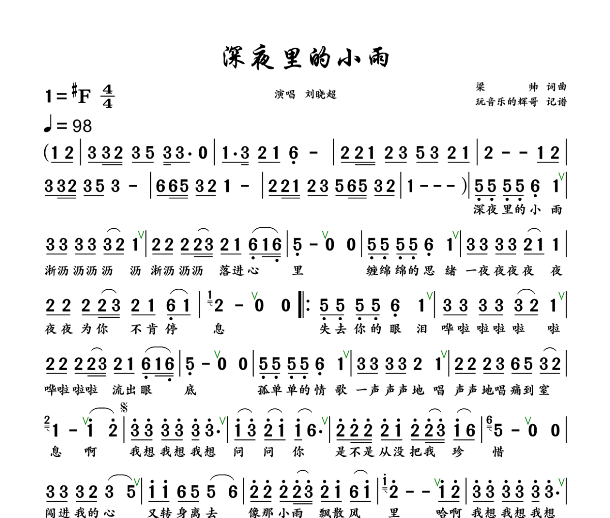 深夜里的小雨简谱 刘晓超《深夜里的小雨》简谱+动态视频升F调