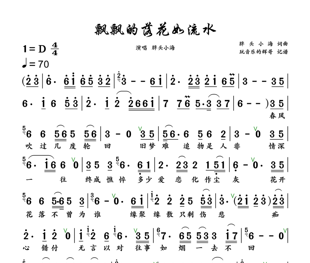 飘飘的落花如流水简谱 胖头小海《飘飘的落花如流水》简谱+动态视频D调