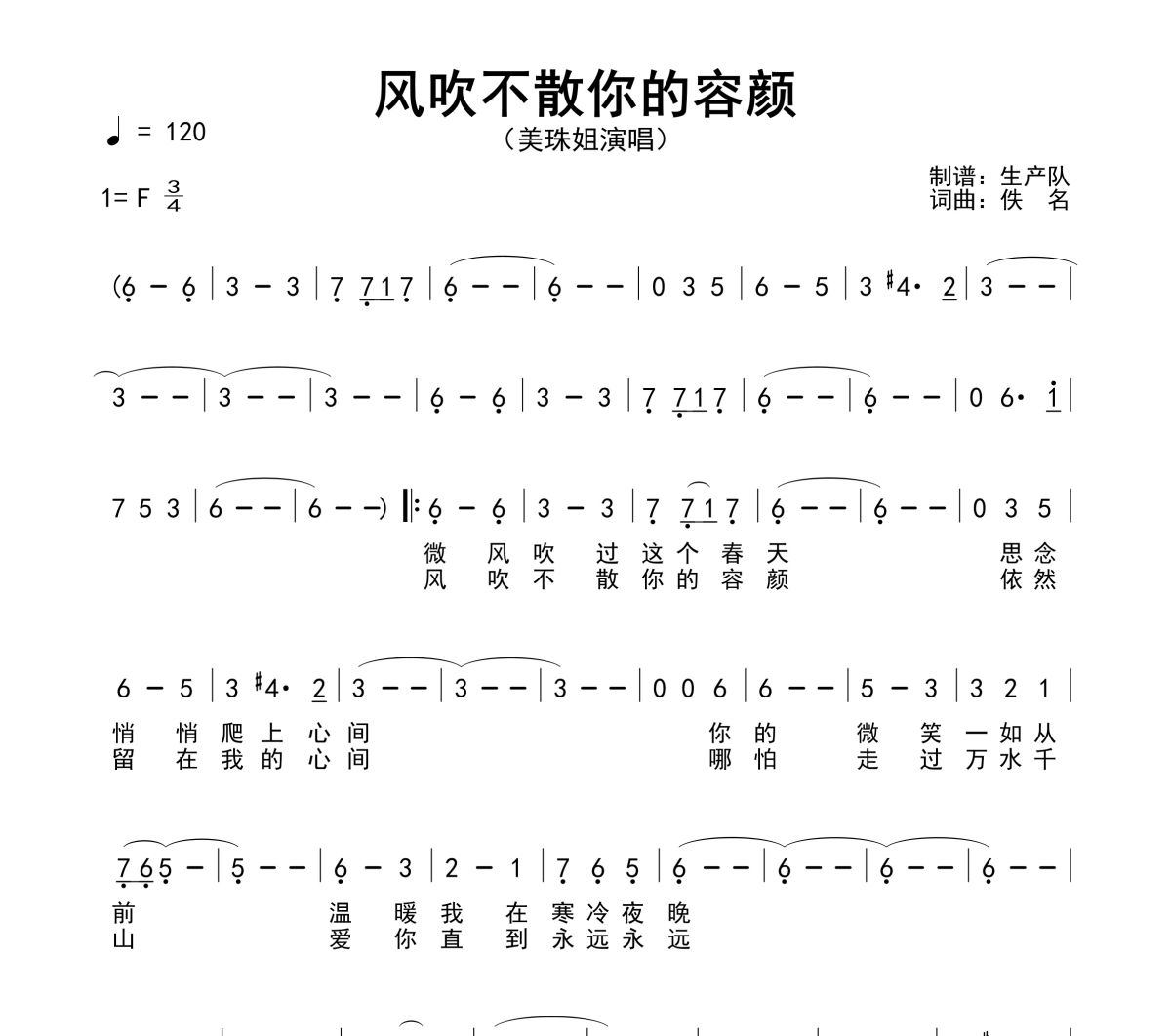 风吹不散你的容颜简谱 美珠姐《风吹不散你的容颜》简谱F调
