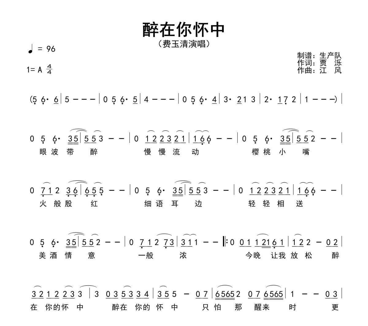 醉在你怀中简谱 费玉清《醉在你怀中》简谱A调