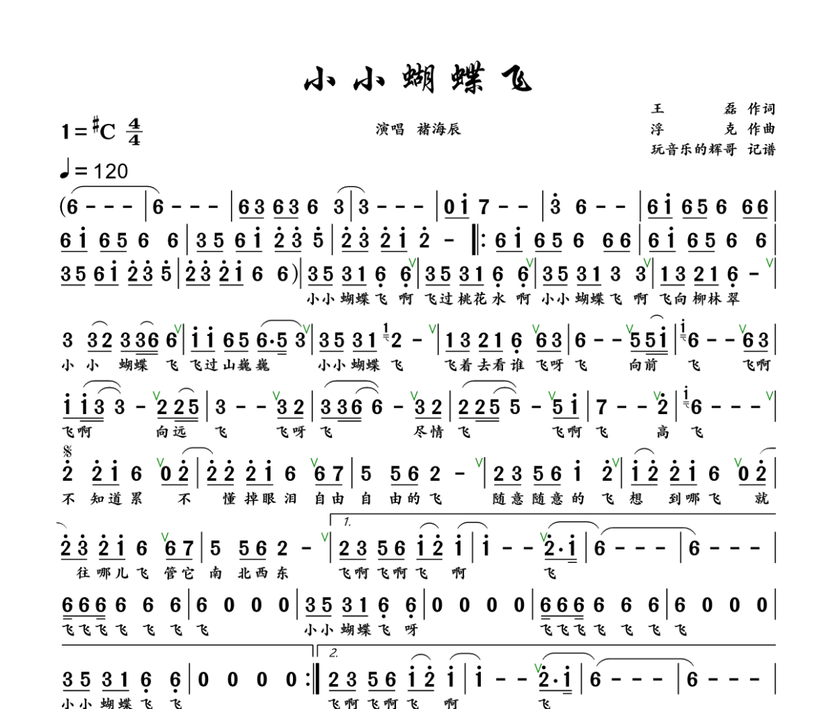 小小蝴蝶飞简谱 褚海辰《小小蝴蝶飞》简谱+动态视频升C调